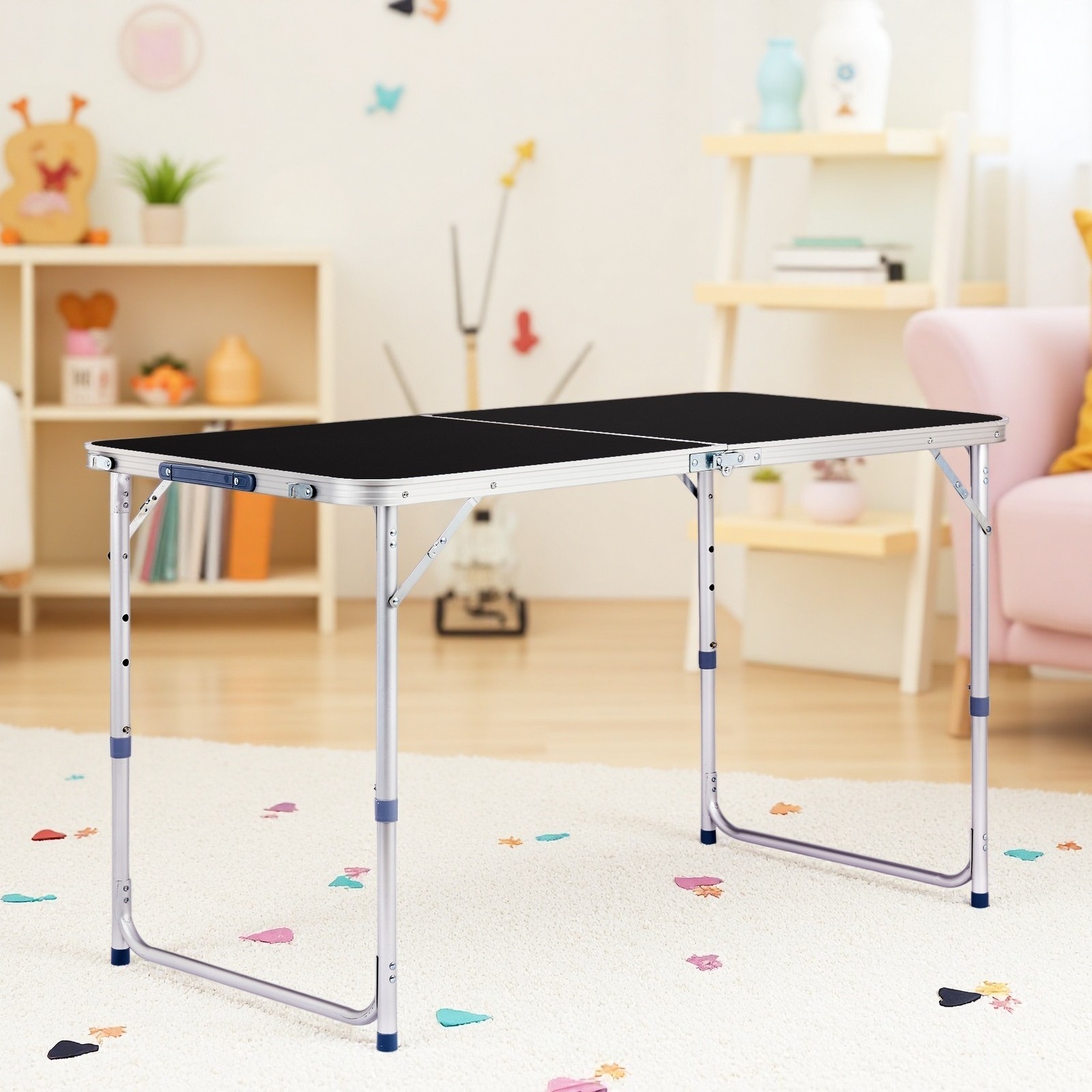 Folding Camping Table 4ft - Adjustable Patio Aluminum Frame Outdoor Picnic Black