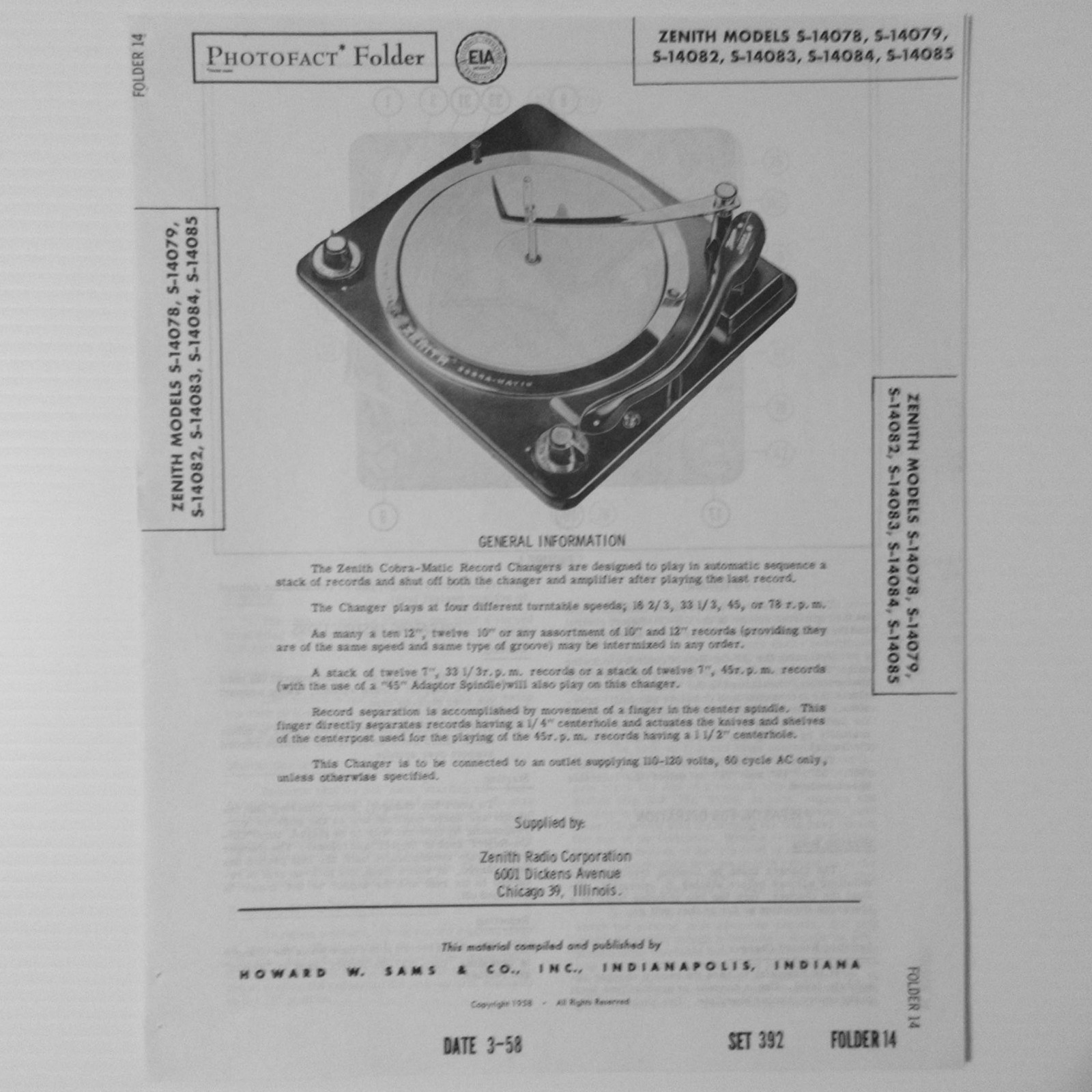 Zenith Models S-14078 S-14079 S-14082 S-14083 Changer SAMS Photofact ™ 1958 New