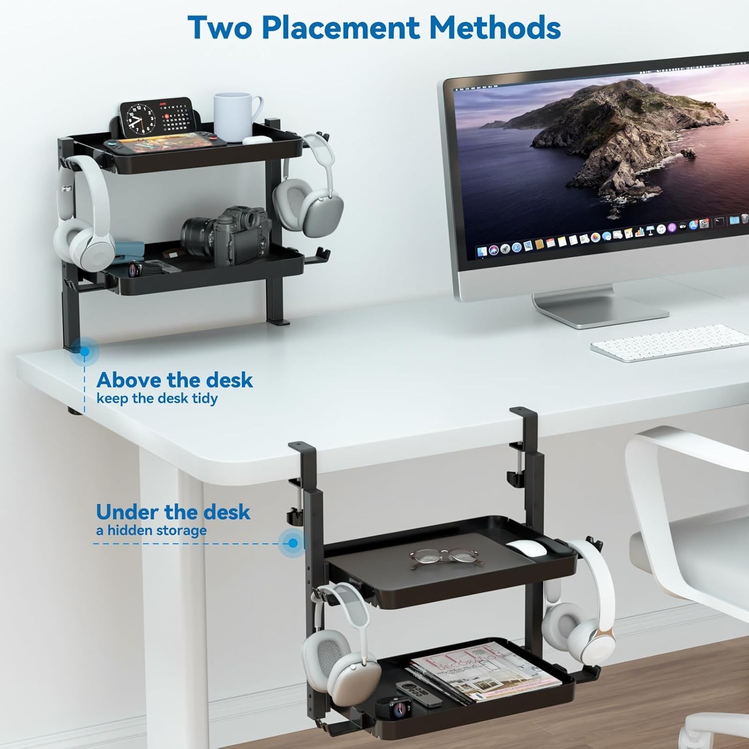 Clamp On Desk Organizer Adjustable 2-Tier Above/Under Desk Shelves