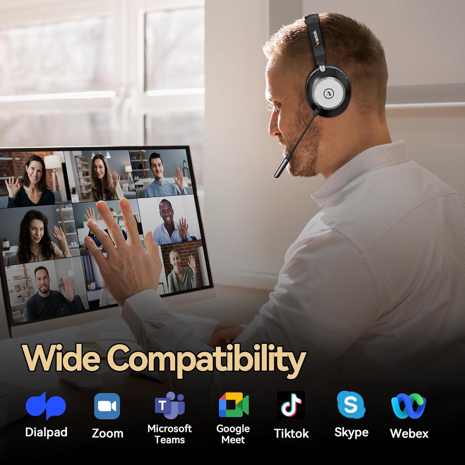 Wantek Bluetooth Headphones with Microphone USB Dongle Wireless Headset for Work