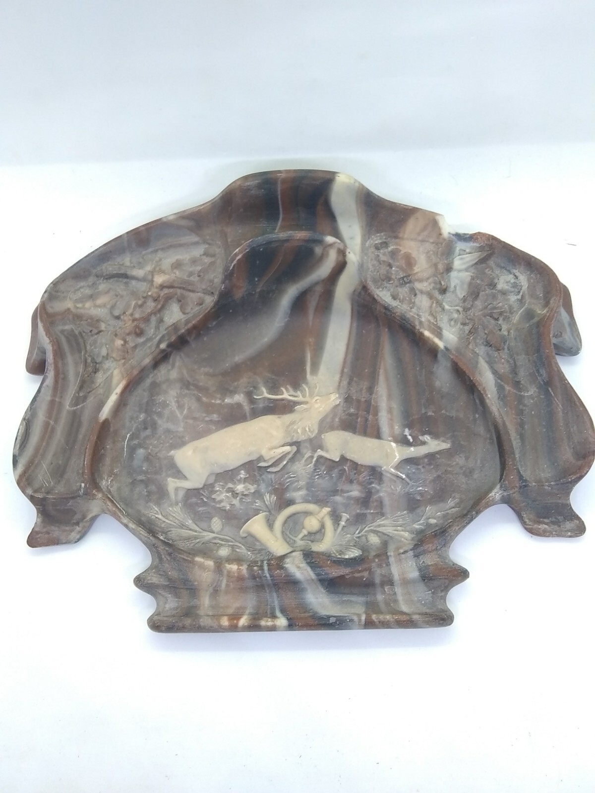 VTG Genuine Incolay Stone Desk Org. Deer Wildlife Cameo Marble Brown Mens Valet