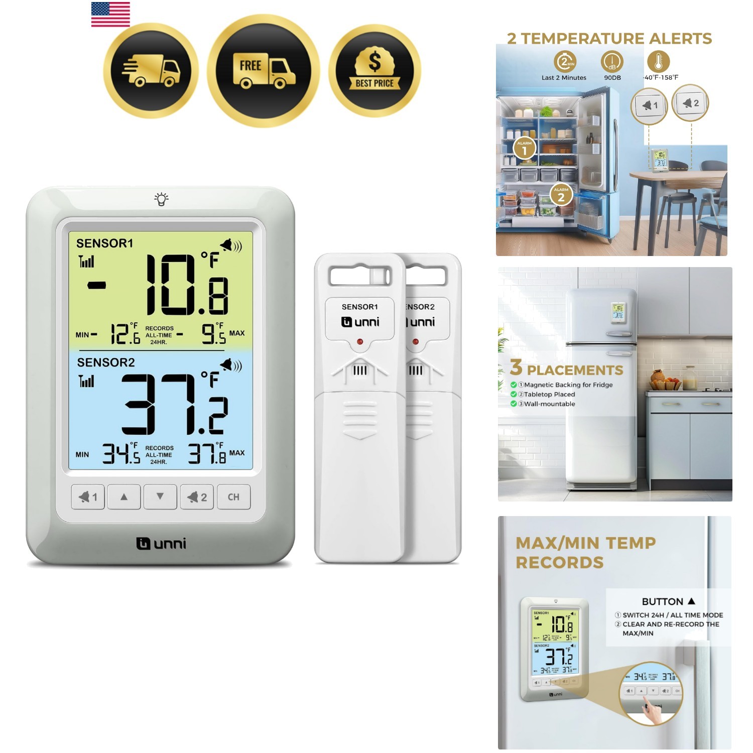 Refrigerator Thermometer Wireless Digital Freezer Alarm Max Min Temperature 3pcs