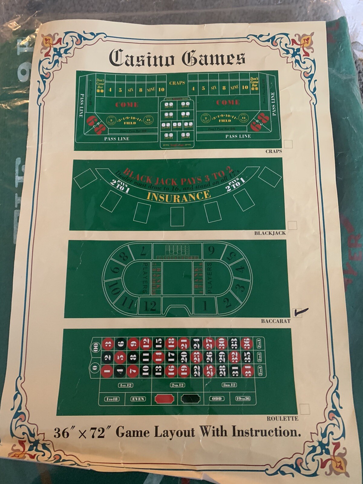 36x72" Casino Roulette Layout Felt, Roulette Tabletop with "Dolly" NIB
