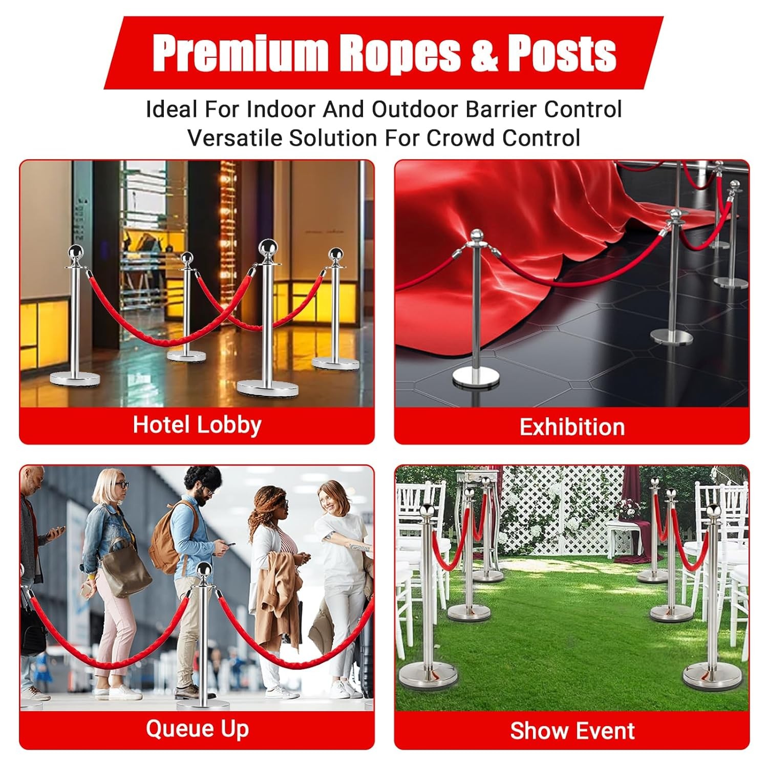 4Pcs Stanchion Post Queue Barrier Crowd Control Sand Injection Base Silver
