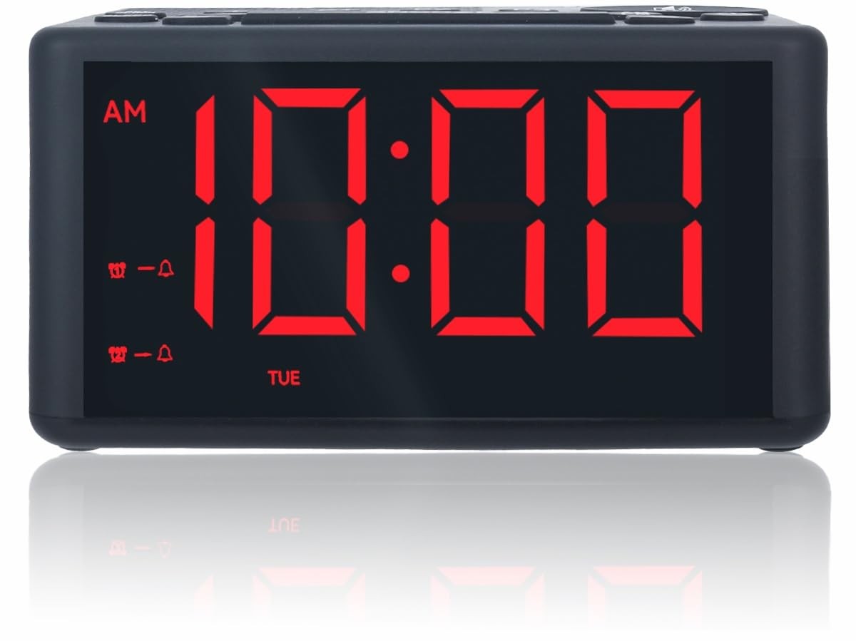 Digital Alarm Clock Radio with AM/FM Radio, Presets, Dual Alarms, Small, Red