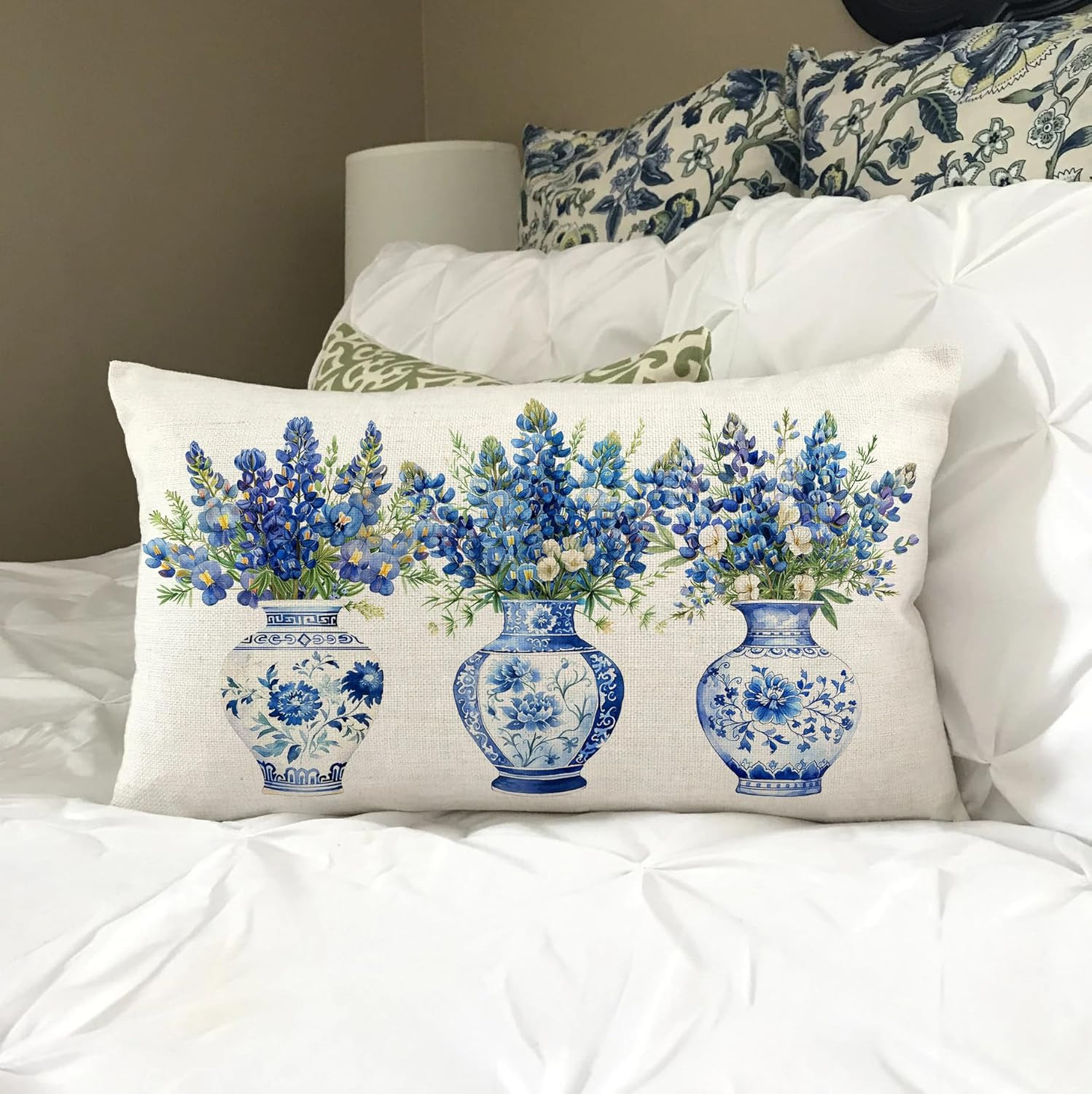 Bluebonnet Throw Pillow Cover 12x20 Inch Spring Blue Floral Chinoiserie Vase Pil