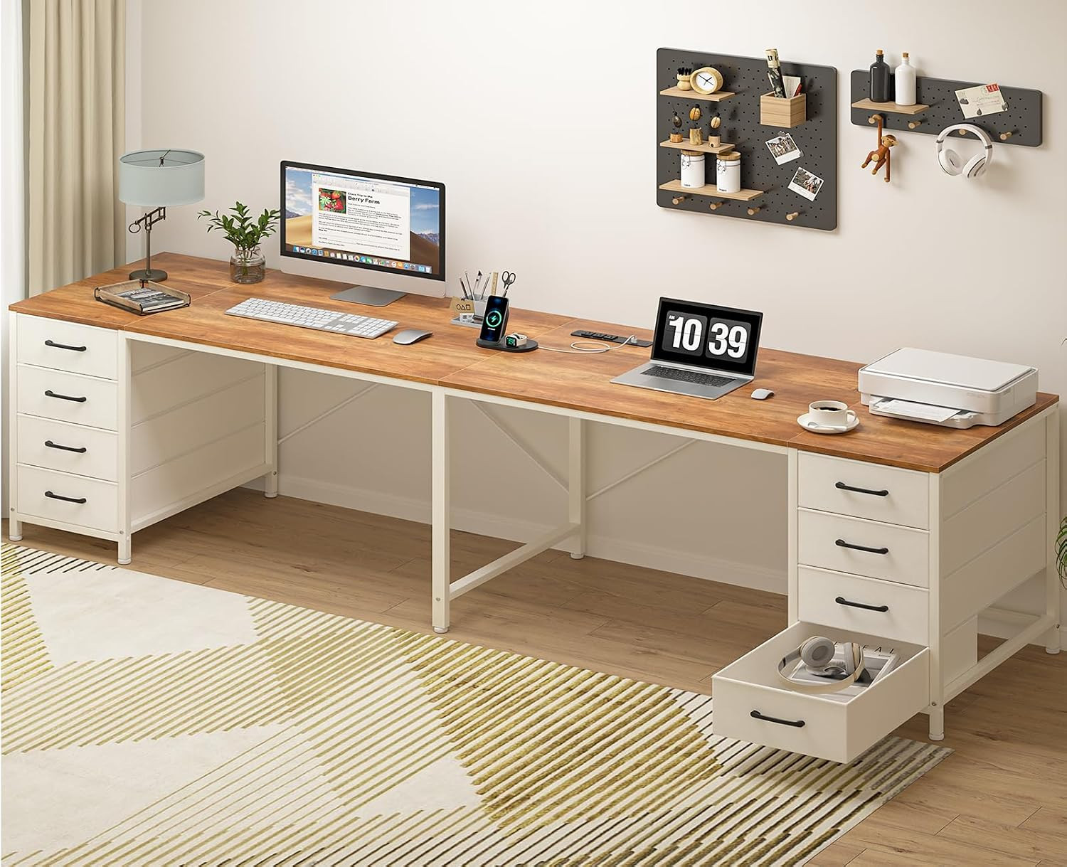 95" 2 Person Desk with 8 Fabric Drawers, Long Computer Desk Home Office Desk wit