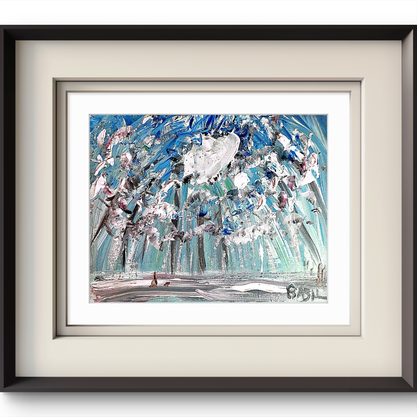 Dog Walk in Snowy Woods Abstract Expressionist Original Painting Canvas