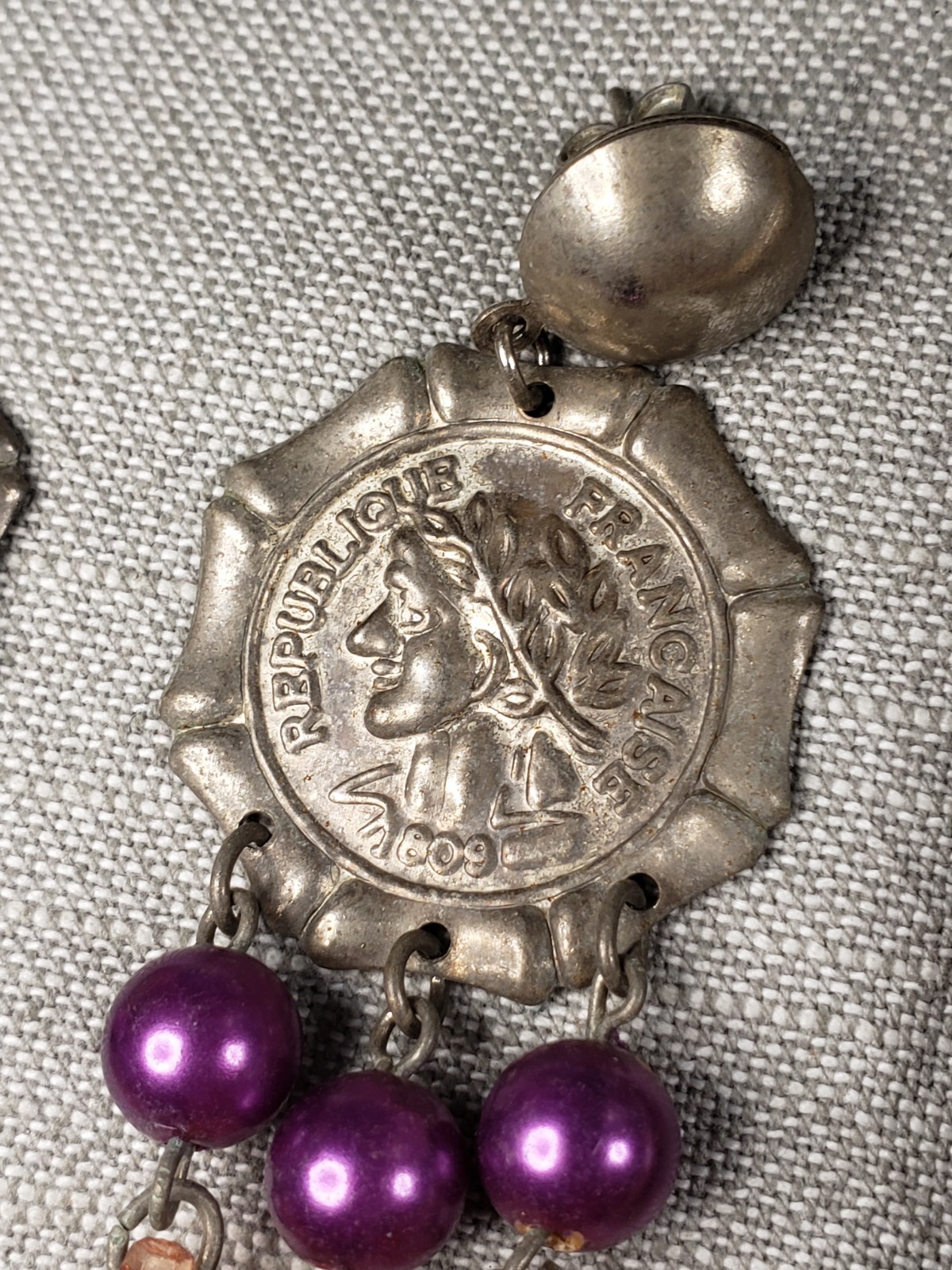 Republique Francais Earrings Pierced Simulated Coin Dangle C54