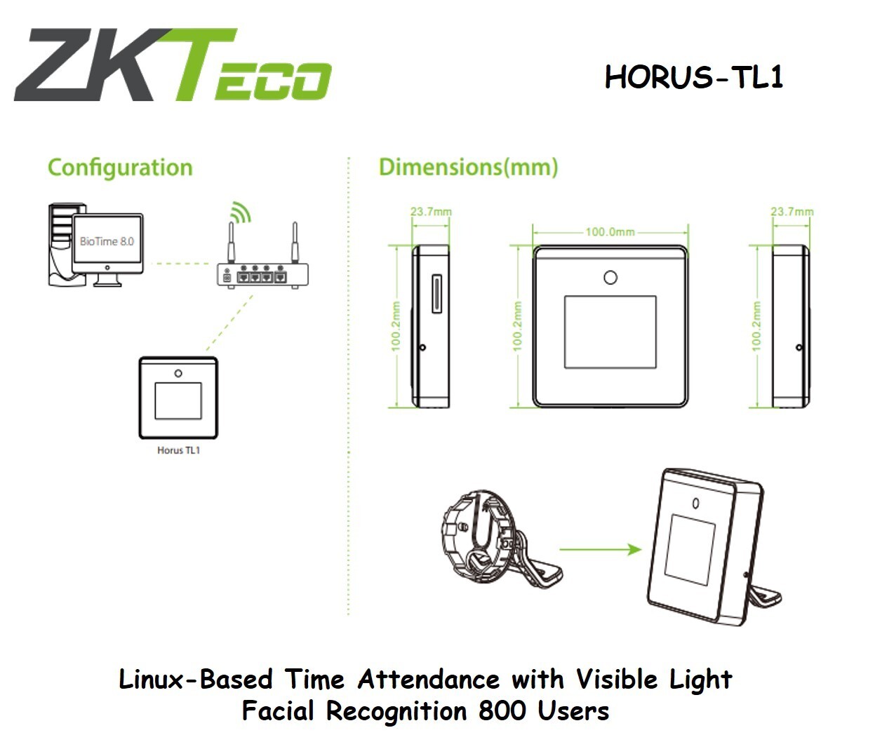Zkteco HORUS-TL1 Linux Time Attendance with Visible Light Facial Recognition