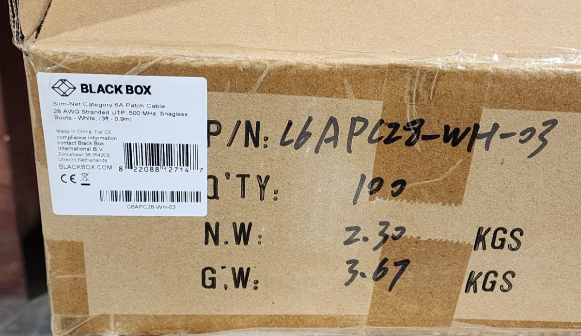 100 Pack 3ft White Black Box Slim-Net Cat 6A Patch Cable 28AWG UTP Snagless