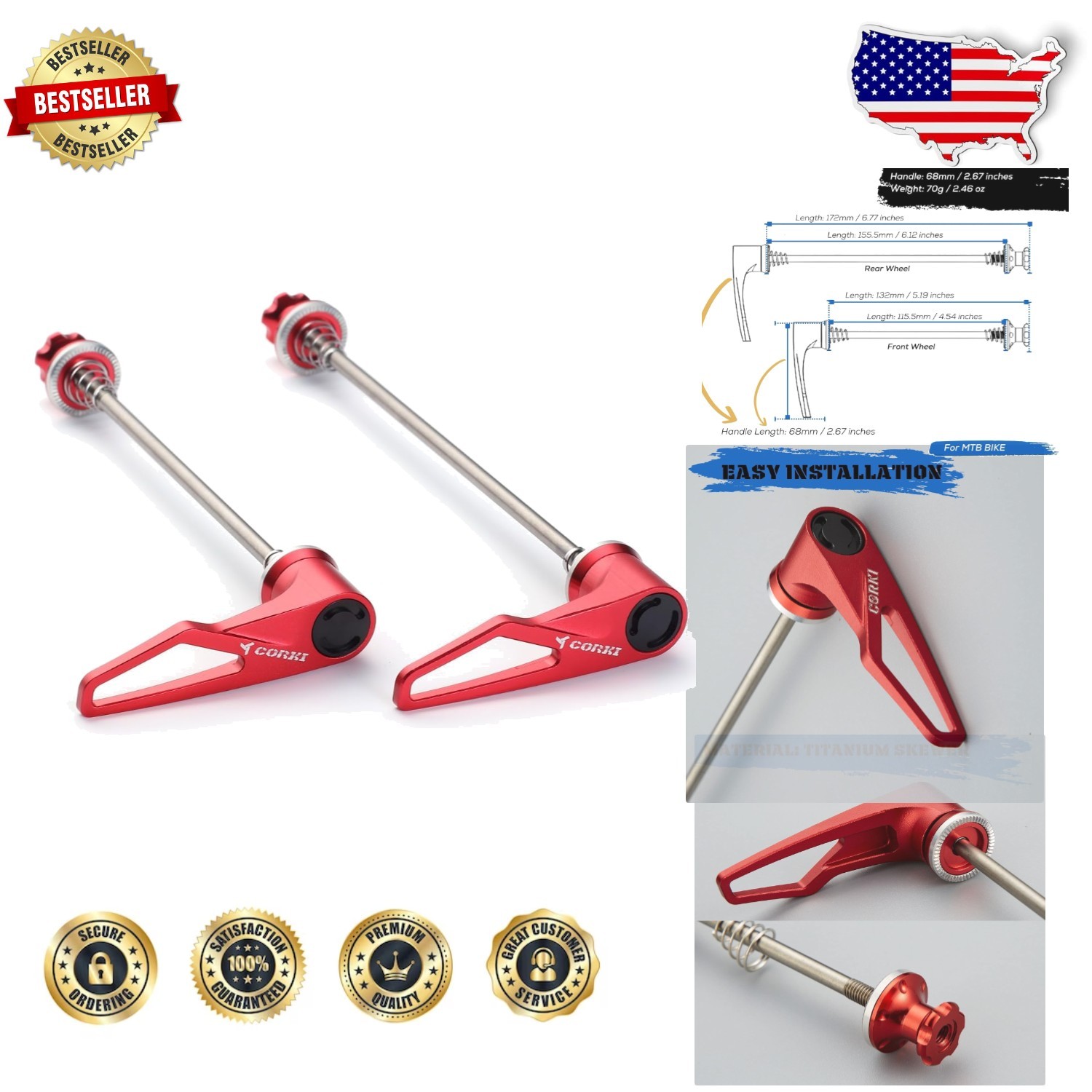 Red Titanium Alloy Bike Skewers - Enhanced Wheel Security - 2pc Set