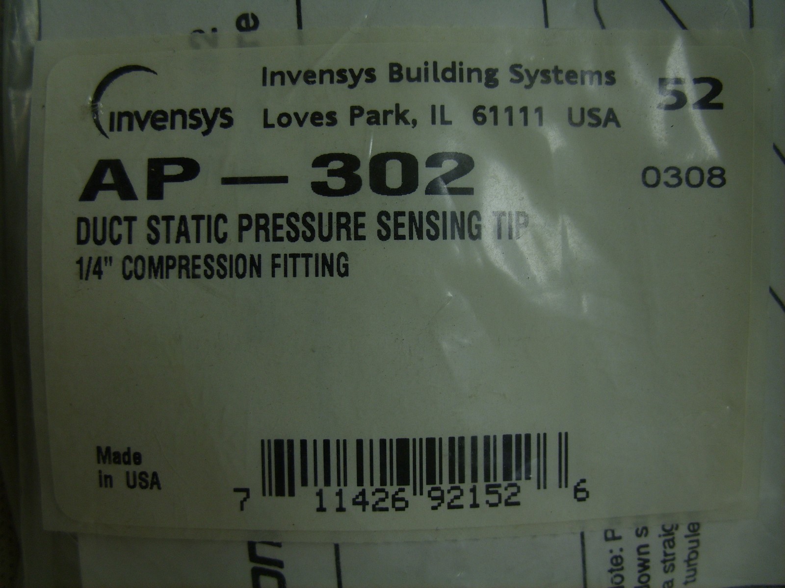 INVENSYS / BARBER COLMAN - DUCT STATIC PRESSURE SENSOR - 1/4" CONNECTION AP-302