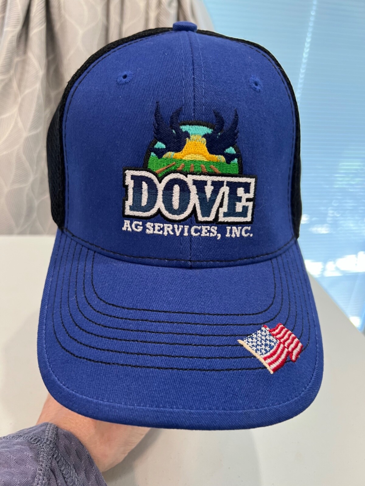DOVE AG Services Inc Royal Blue with black knit mesh Truckers Hat Cap Hook Loop