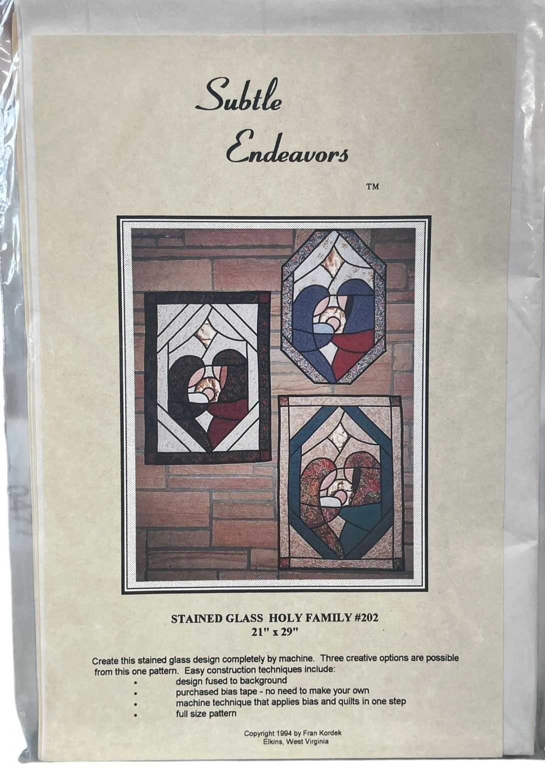 Subtle Endeavors #202 Stained Glass Holy Family Quilt Pattern 21" x 29" 1990s