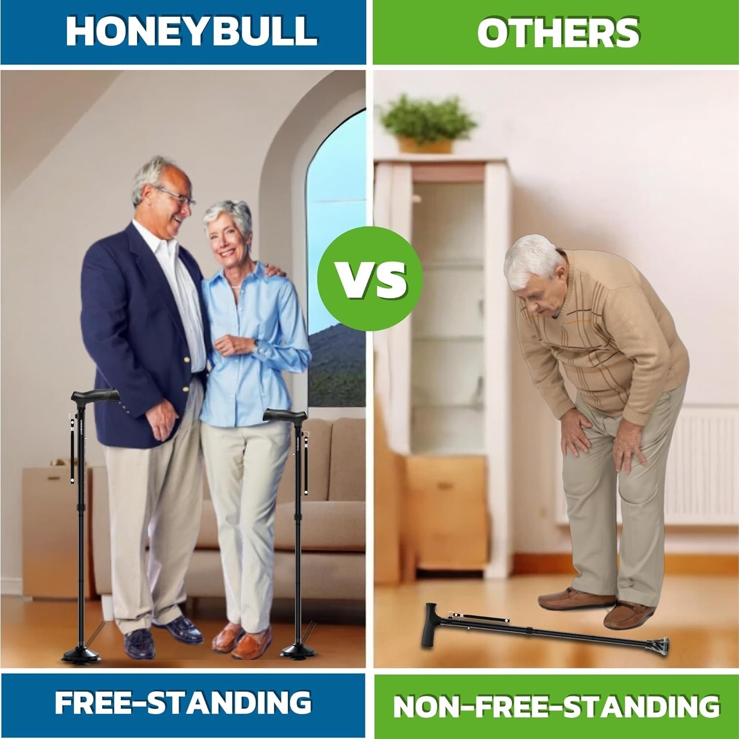 HONEYBULL Foldable Walking Cane Adjustable Free Standing Ergonomic