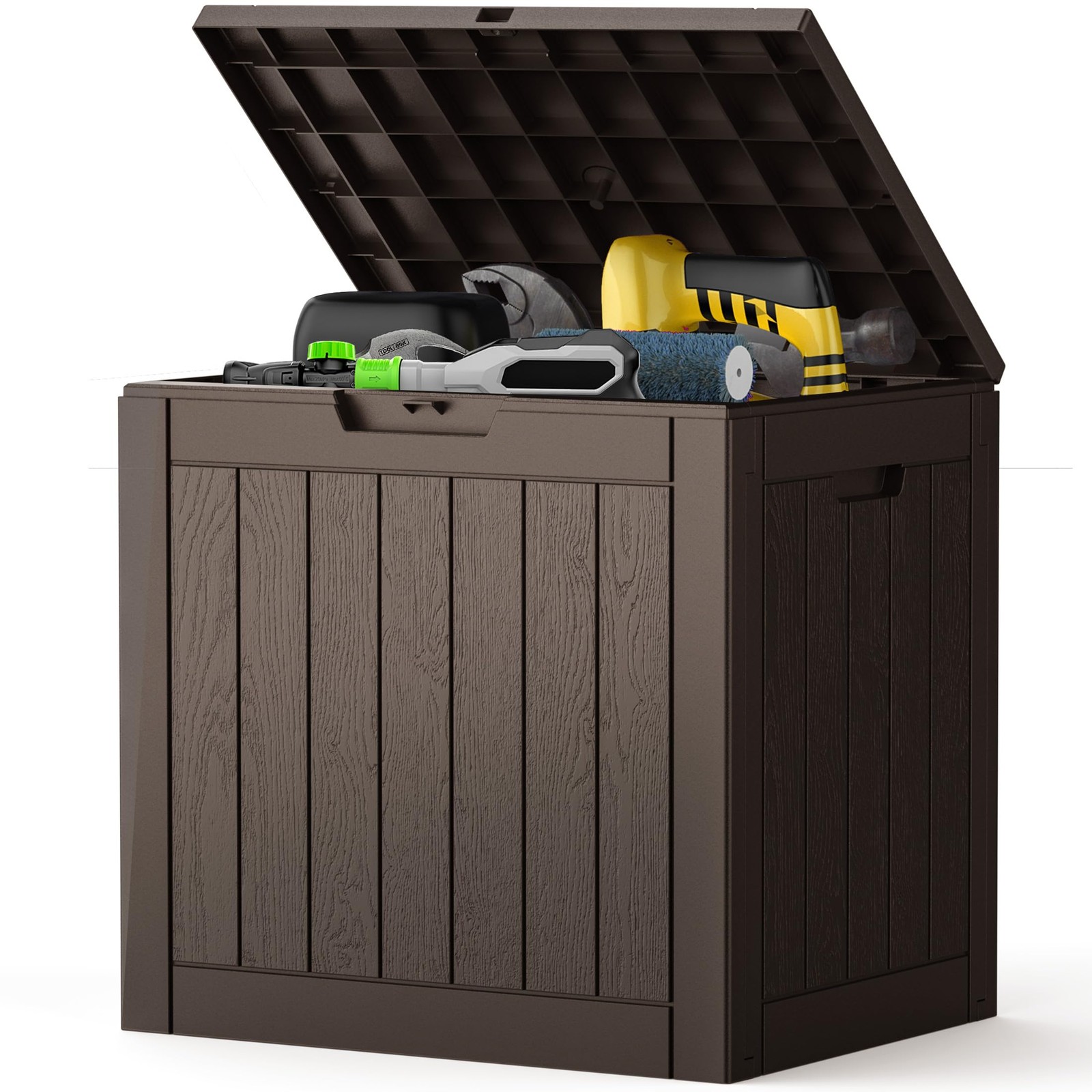 NEWBULIG 31 Gal Deck Box, Weatherproof Resin Lockable Outdoor Storage Chest
