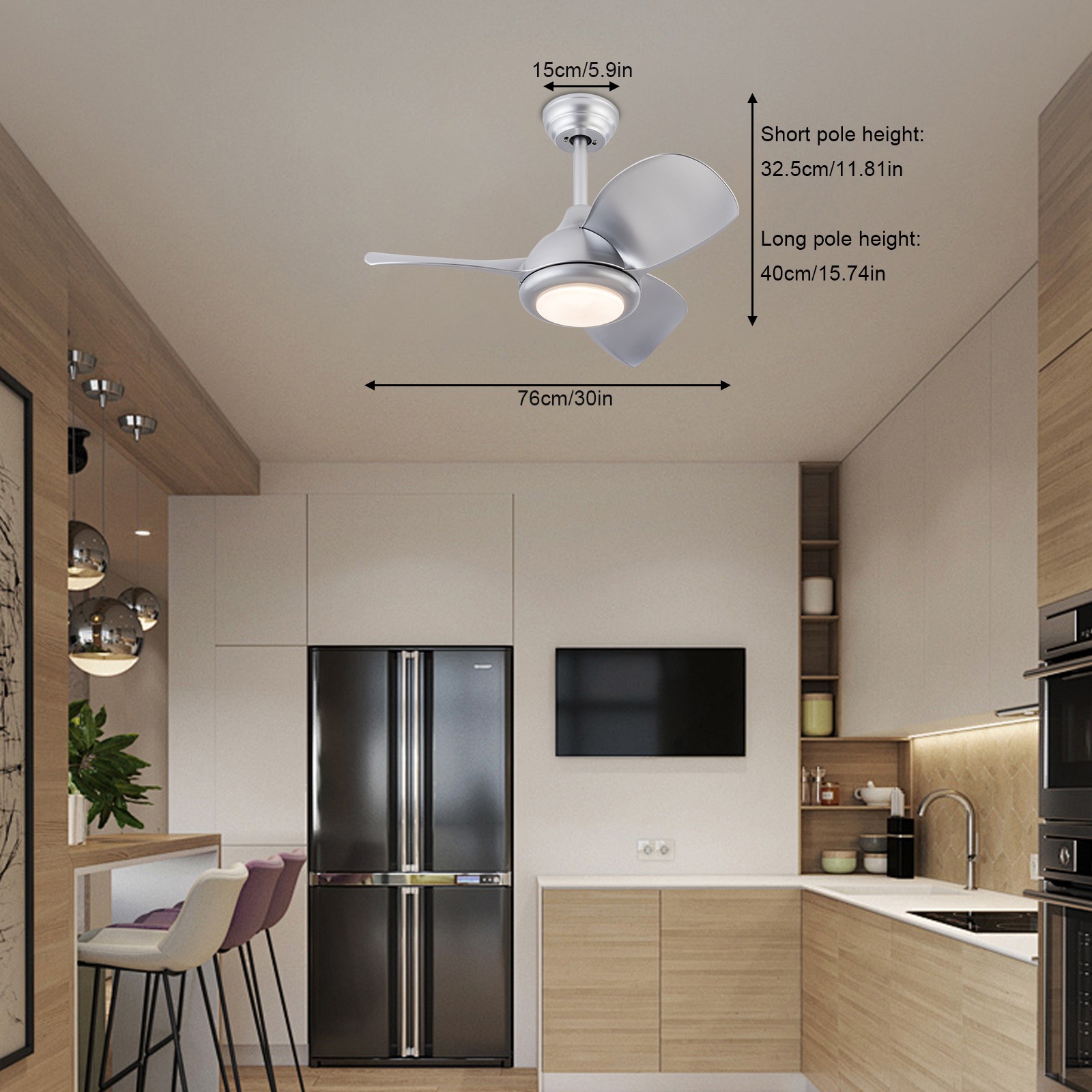 30 Inch Silver Ceiling Fan with Light & Remote Control , 3 Blades Design New