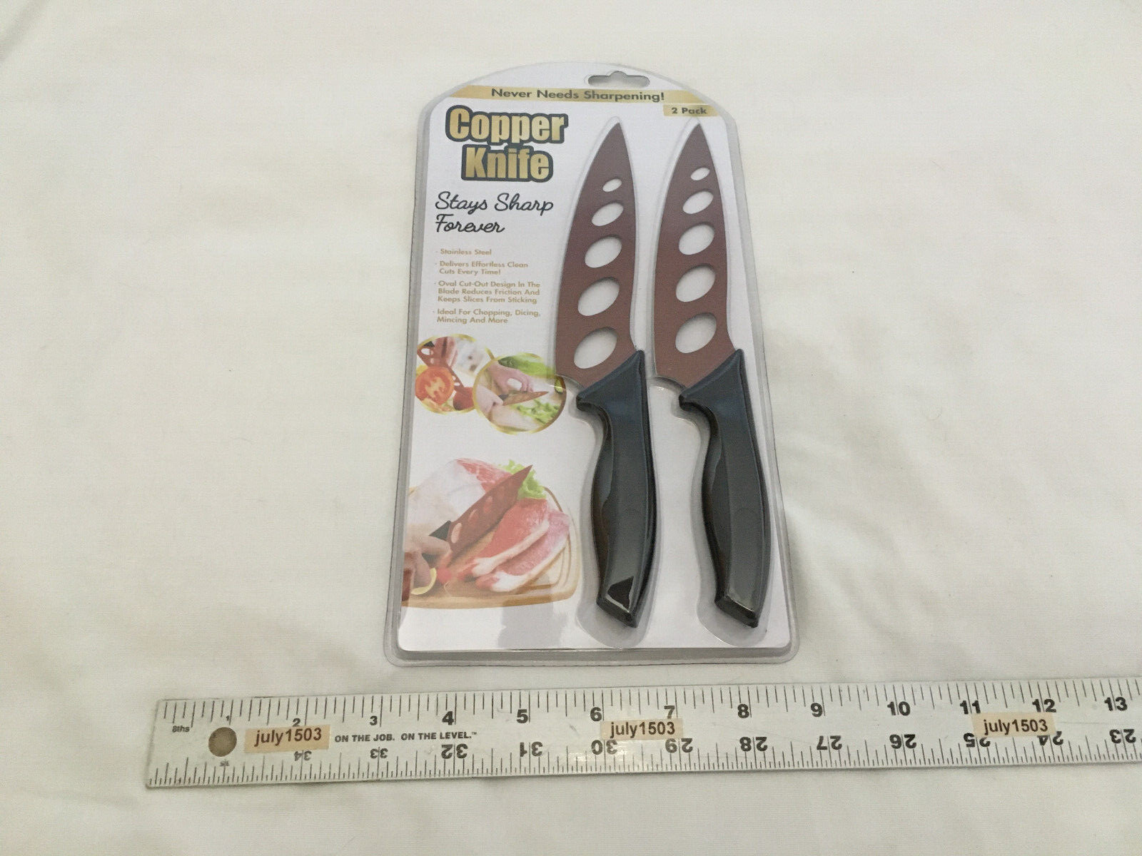 NEW Tekno 2-pk Copper Knife "Stays Sharp Forever!" Stainless Steel Oval Cut-Out