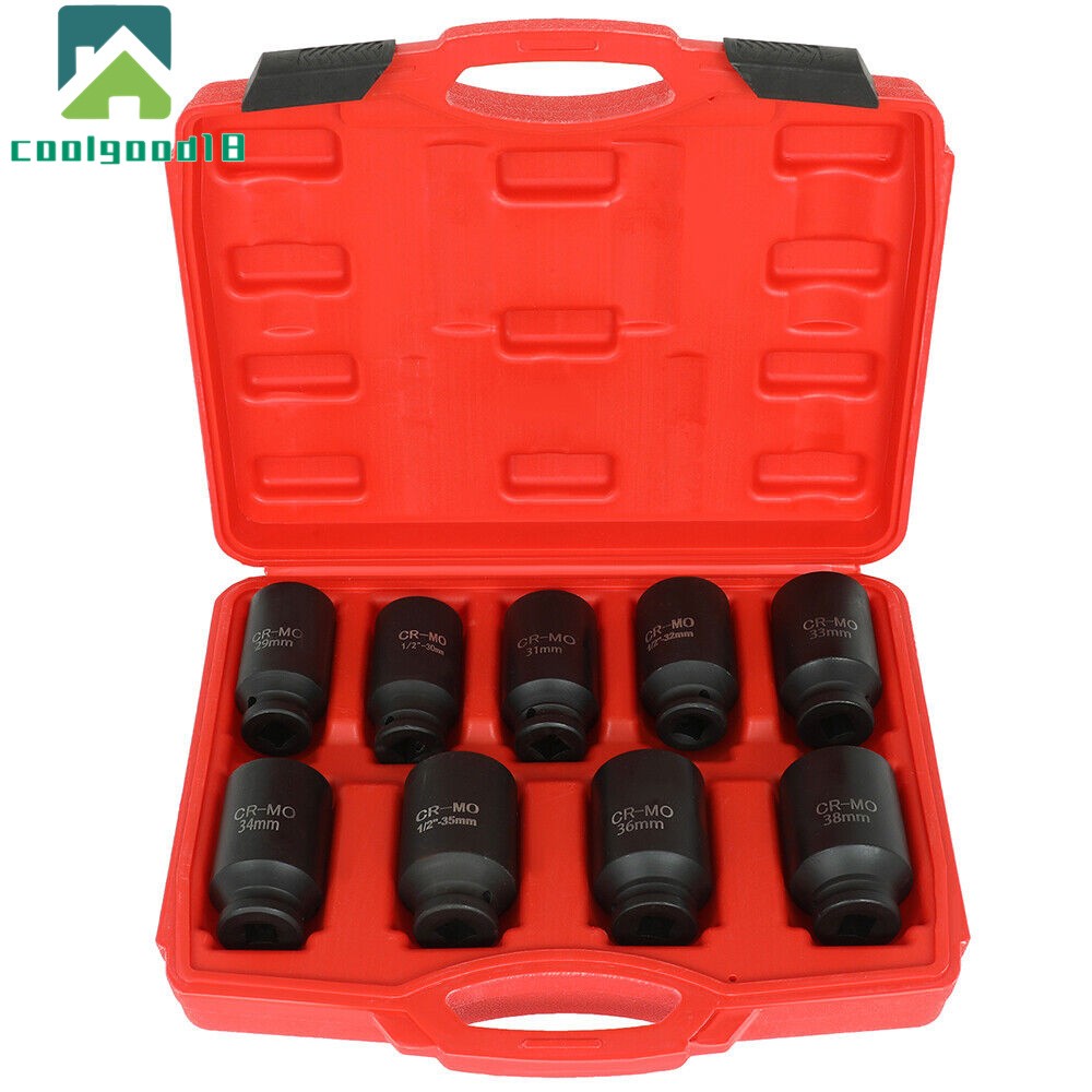 9Pcs 1/2" Drive Metric Axle Hub Nut Socket Deep Impact Socket Tool Kit 29-38mm