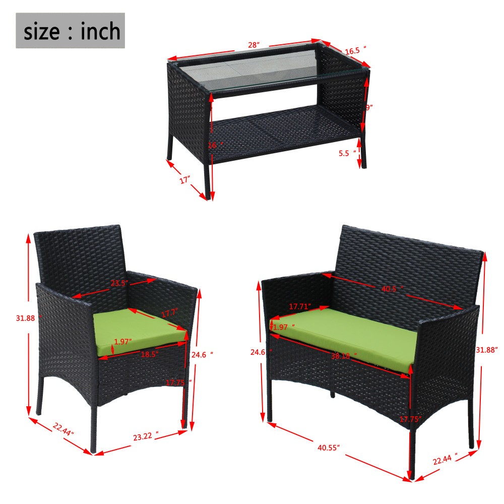 4-Piece Rattan Patio Set with Cushions, Green Wicker Sofa Chair & Table