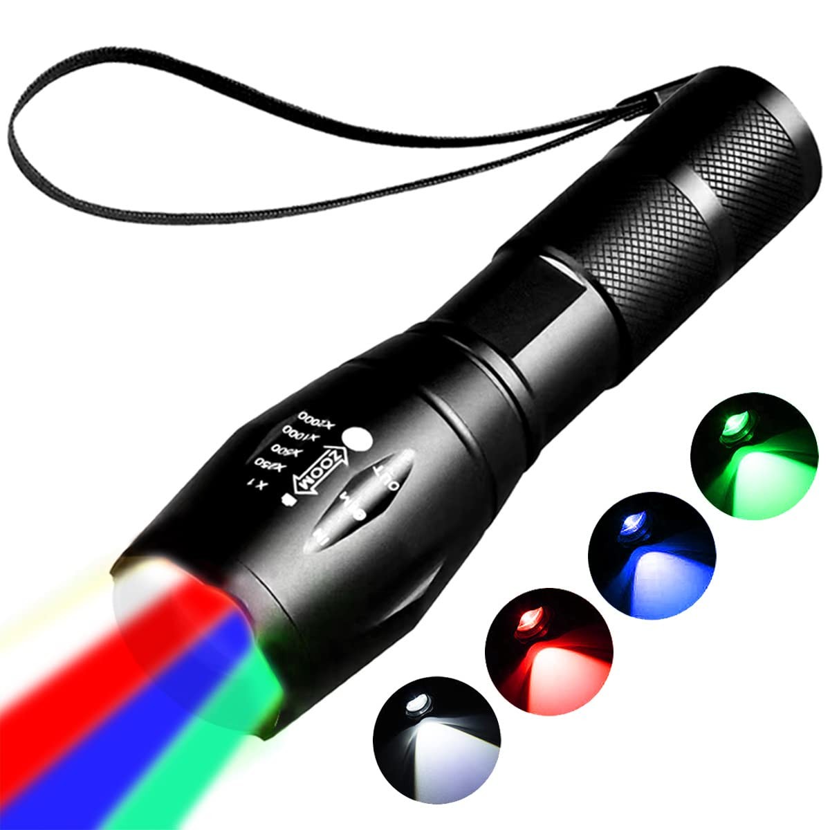 4~in~1 Rechargeable LED Flashlight Red Green Blue White, 4 Modes