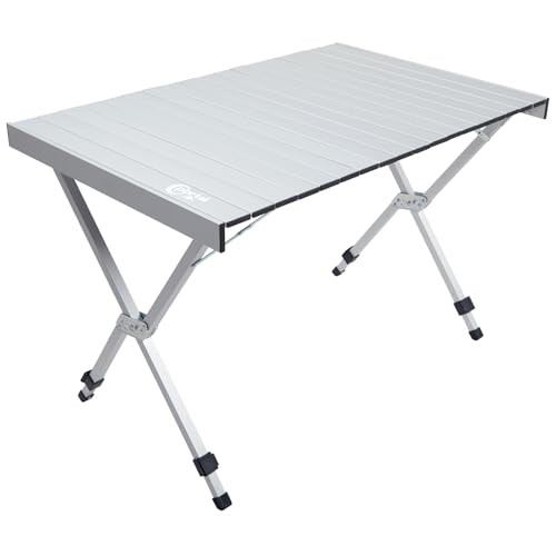 Folding Outdoor Camping Table with Adjustable Height, Aluminum Roll-Up Top