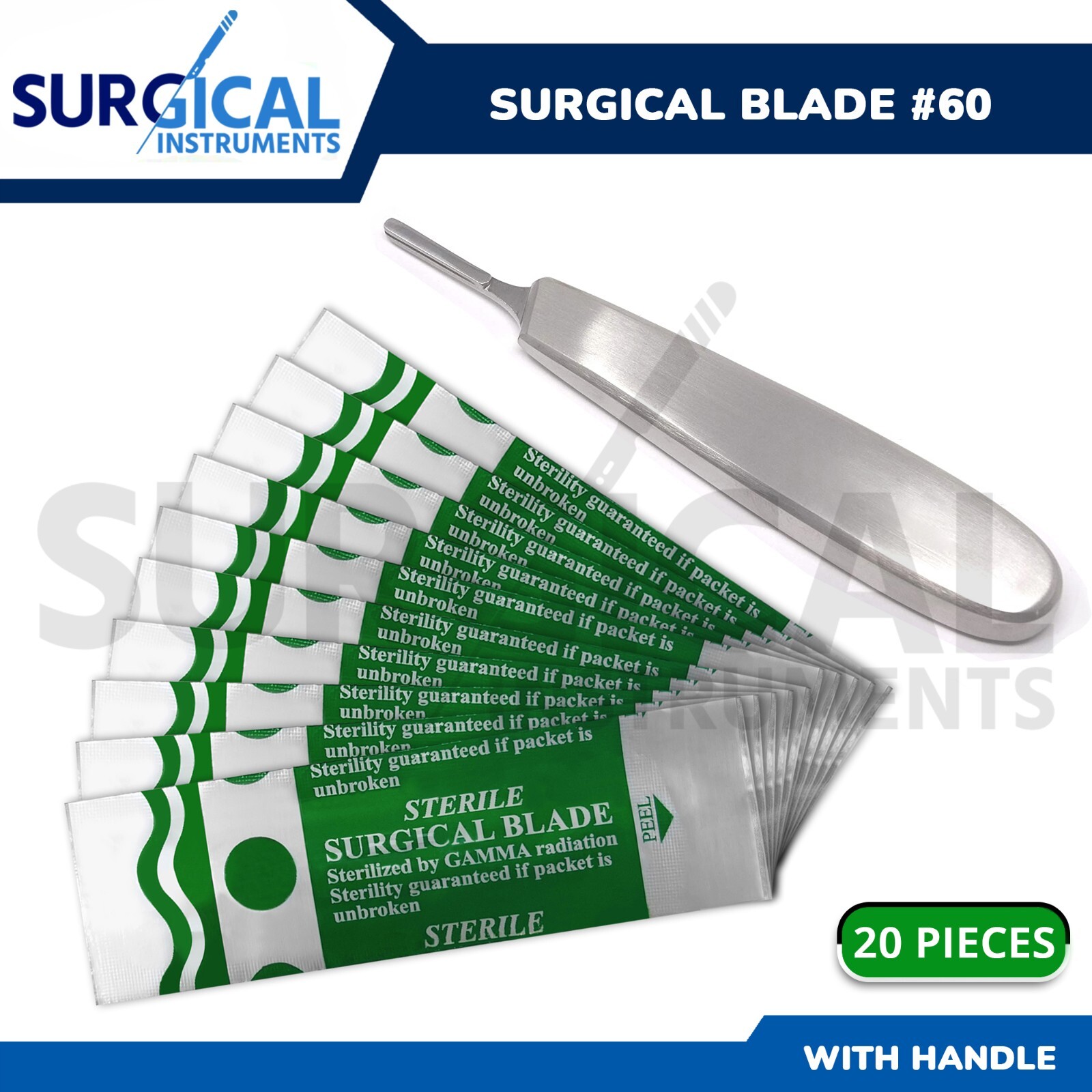 20 Sterile Scalpel Blade #60 Autopsy Post Mortem Surgical with Free BP Handle #8