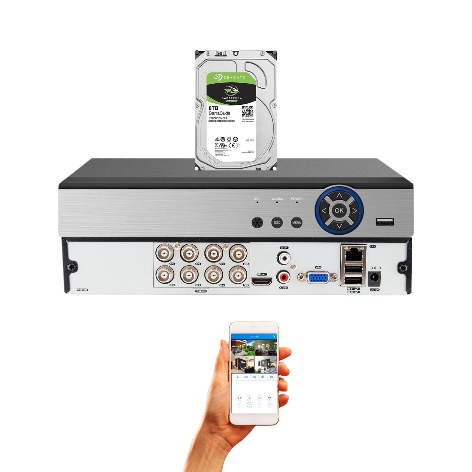 Evertech 8 Channel H.265 Analog Digital Video Recorder and 8TB HDD Remote Access