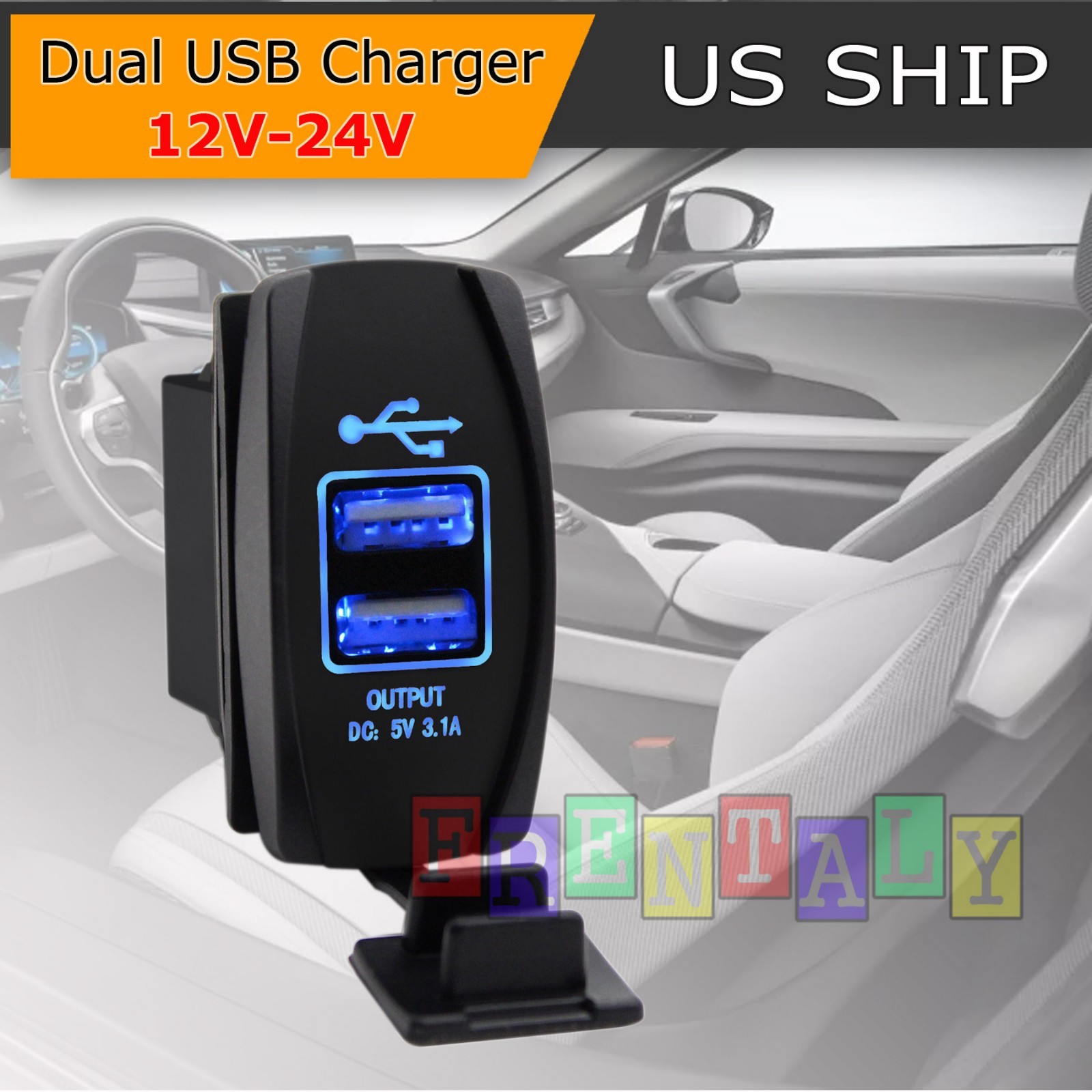 Dual USB Power Charger Carling ARB Rocker Switch Blue LED Light Car Boat 12V 24V