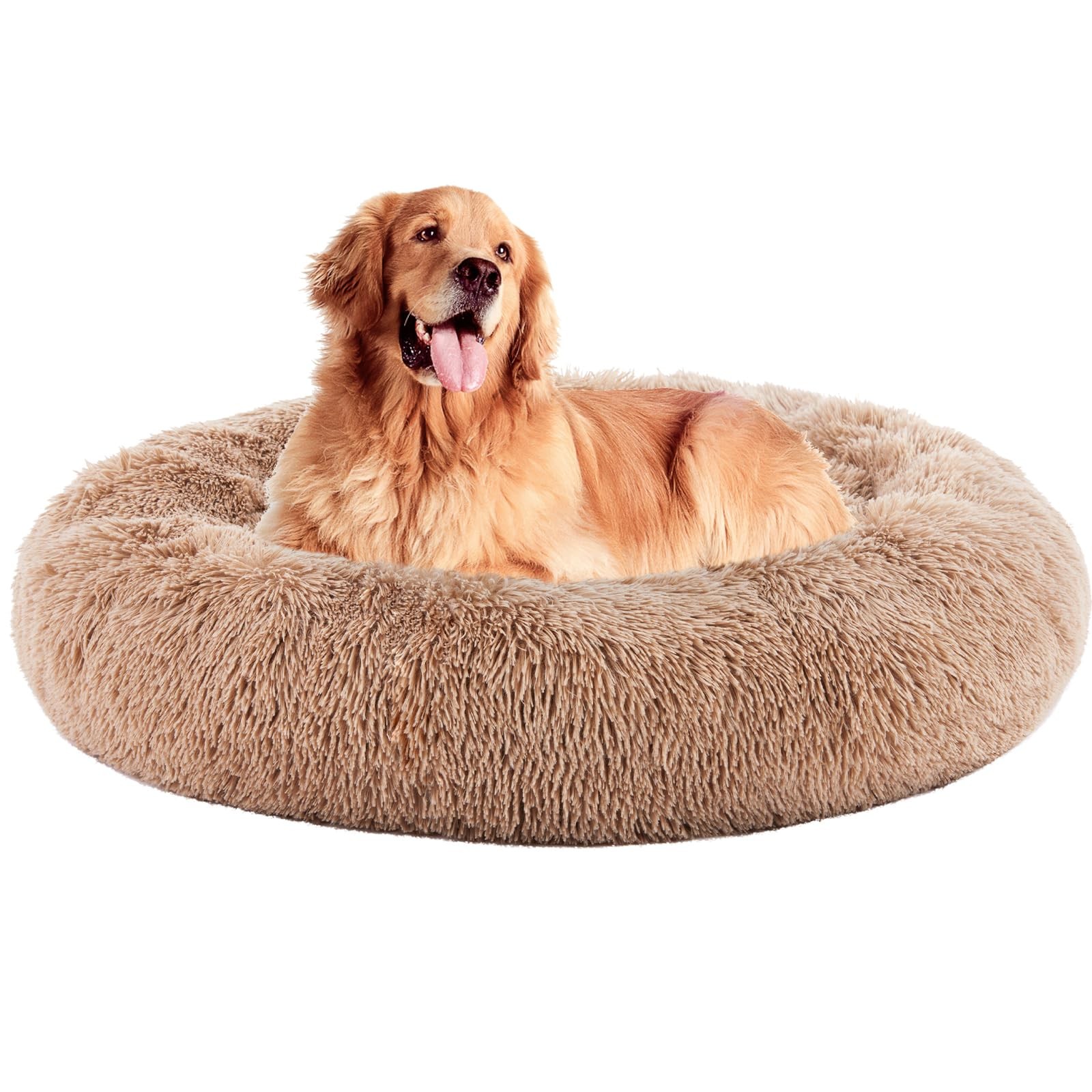 Calming Donut Dog Bed 37.4x37.4in  Large, Faux Fur, Machine Washable, Brown