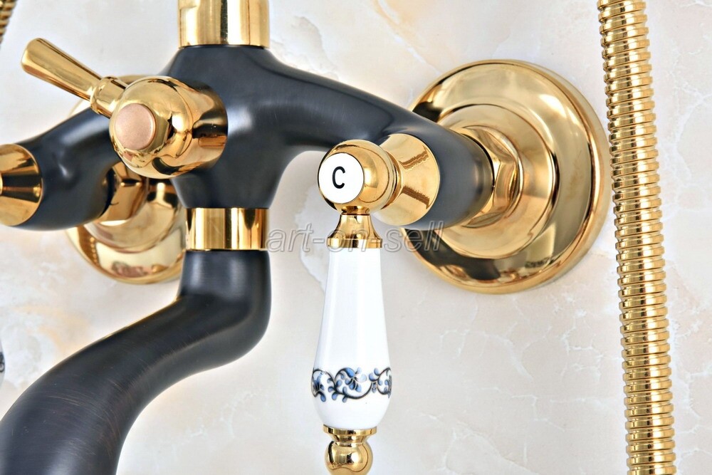 Black Gold Brass Wall Mounted Clawfoot Bath Tub Faucet with Hand Shower ana549