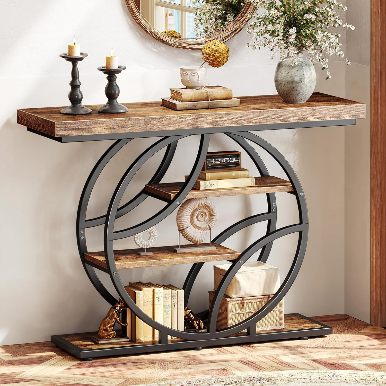 Modern Console Table, 41.3 Inch Sofa Table with Artistic Curved Metal Frame, Nar