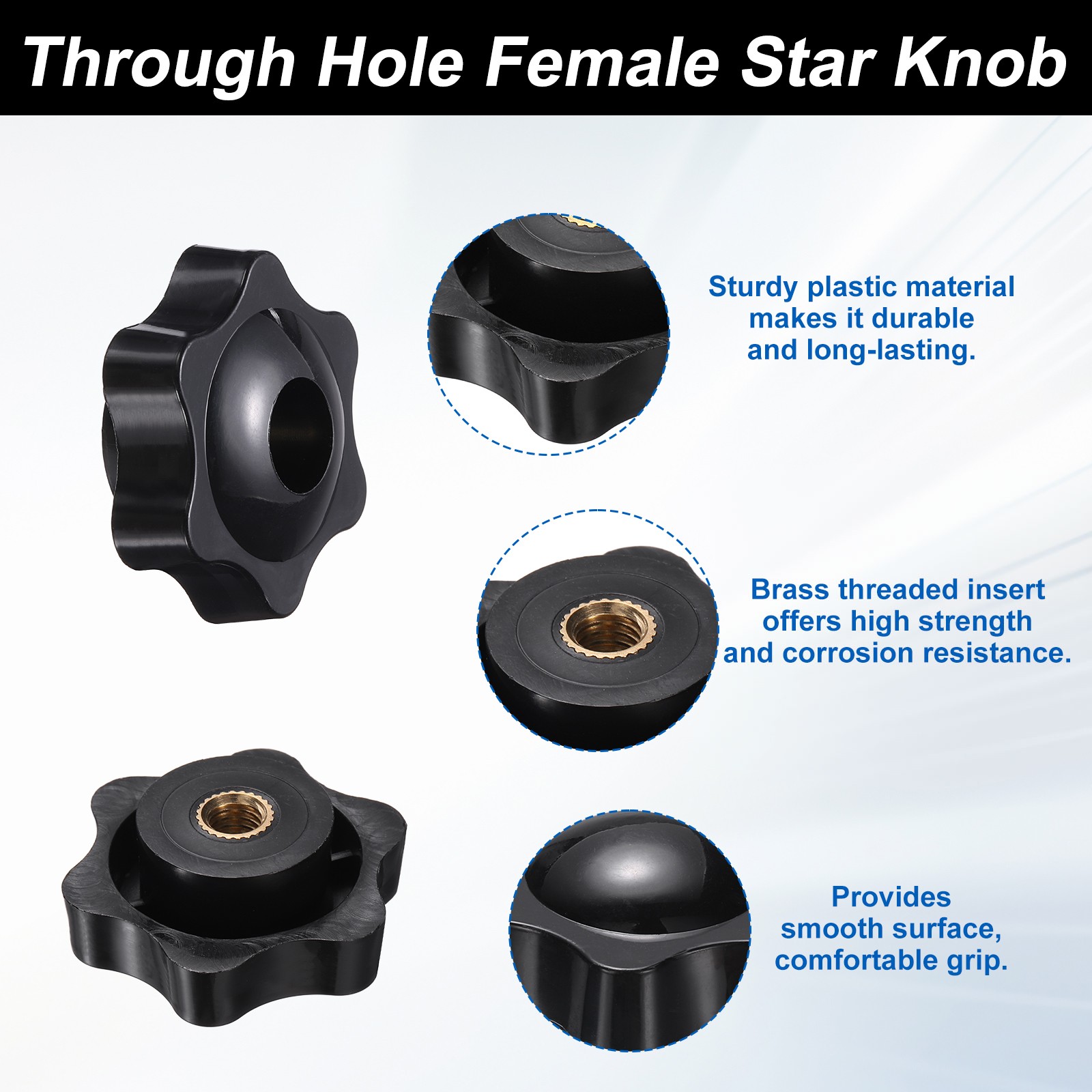 2 Set Star Knobs M6 x 20mm Male + M6 Female Thread 38mm Head Handles, Black