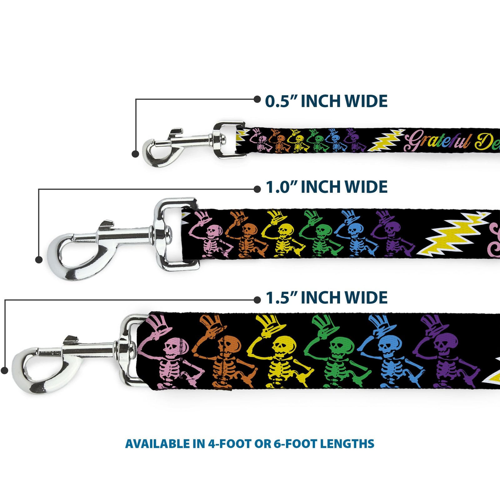 Dog Leash Grateful Dead Script Bears Skeletons Black Multi 6 FT