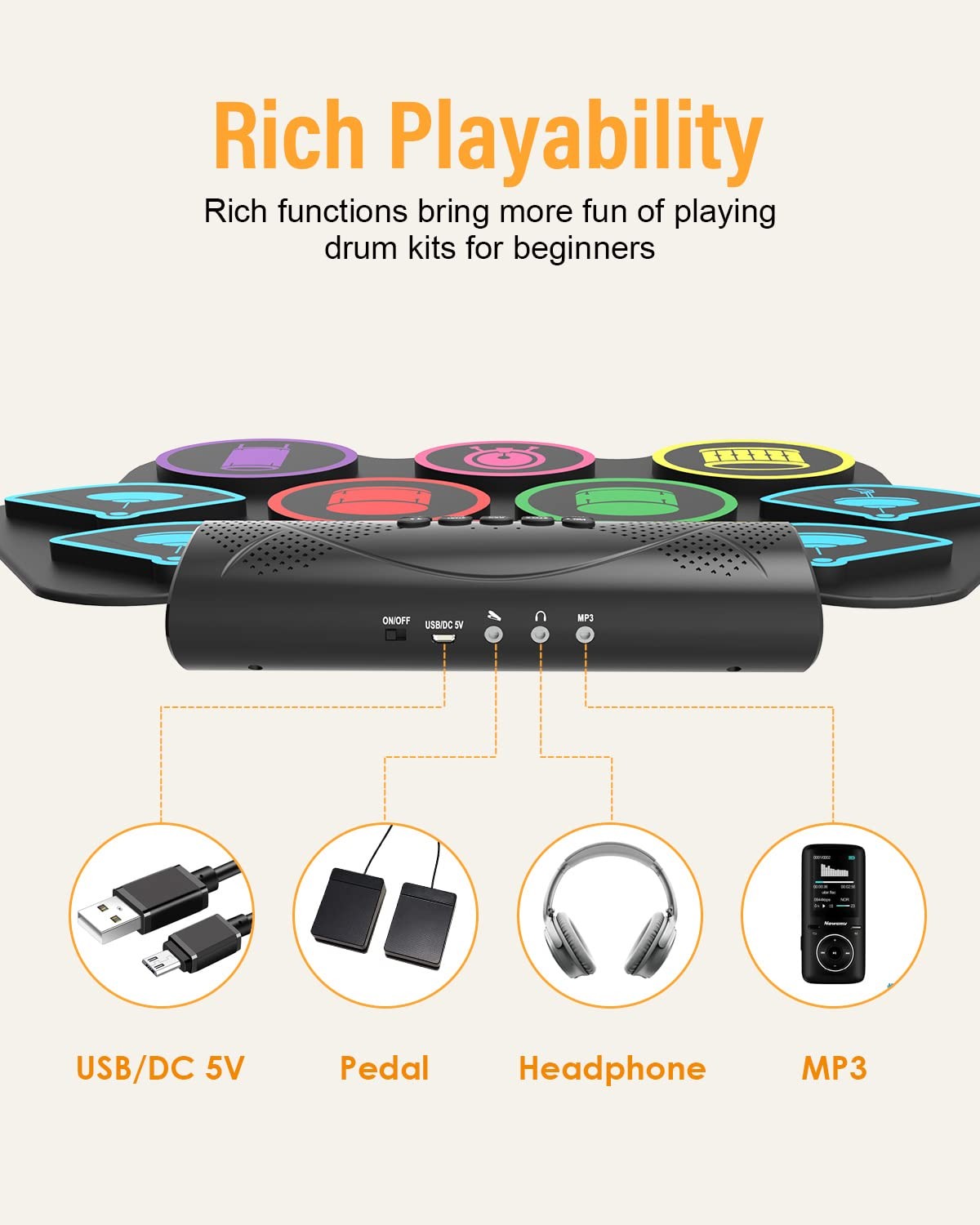 9 Pad Electronic Drum Set, Roll Up Portable Drum Pad Kit with MIDI Bluetooth,...