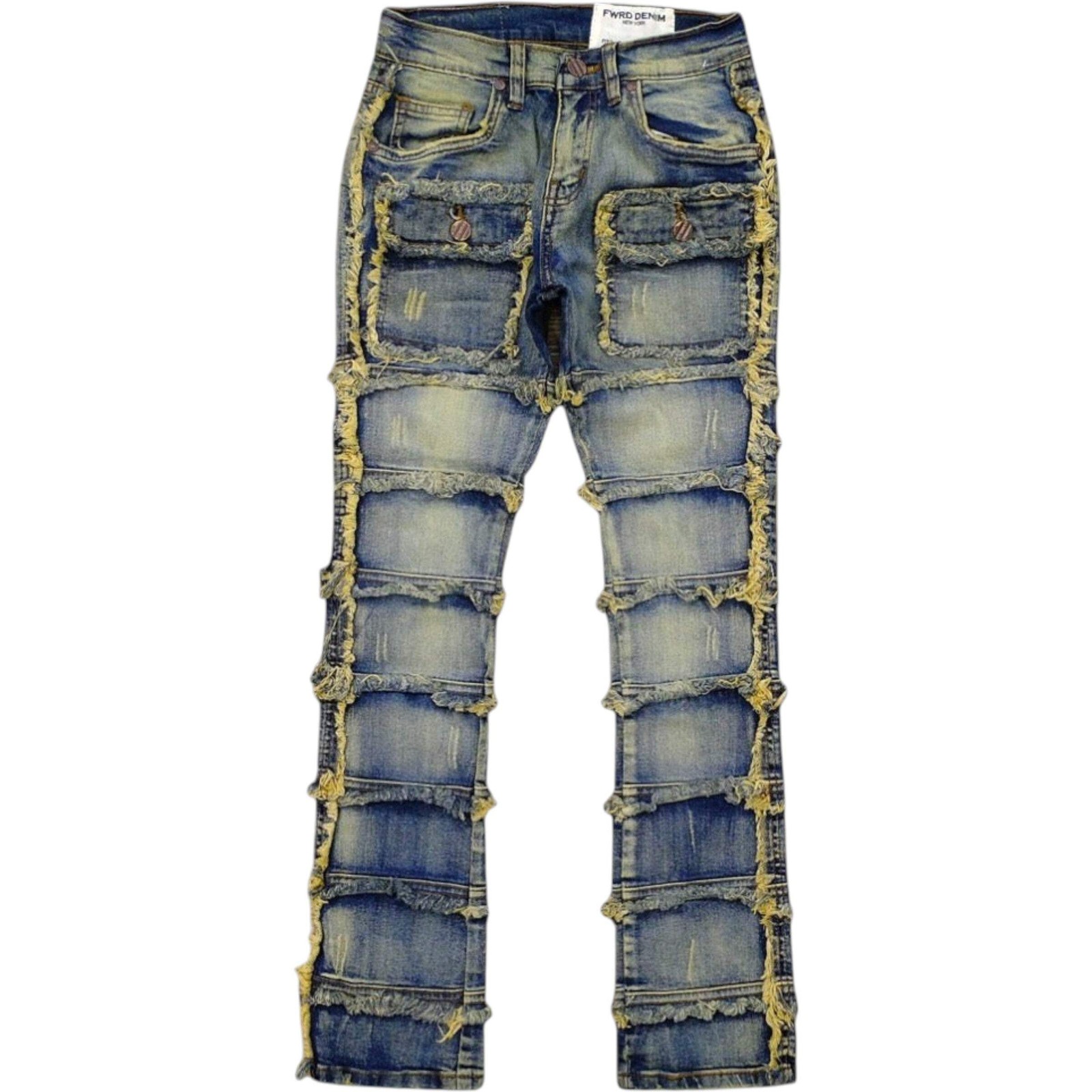 Kids Patchwork Stacked Jeans Light Tint Denim Streetwear Youth Distressed Pants