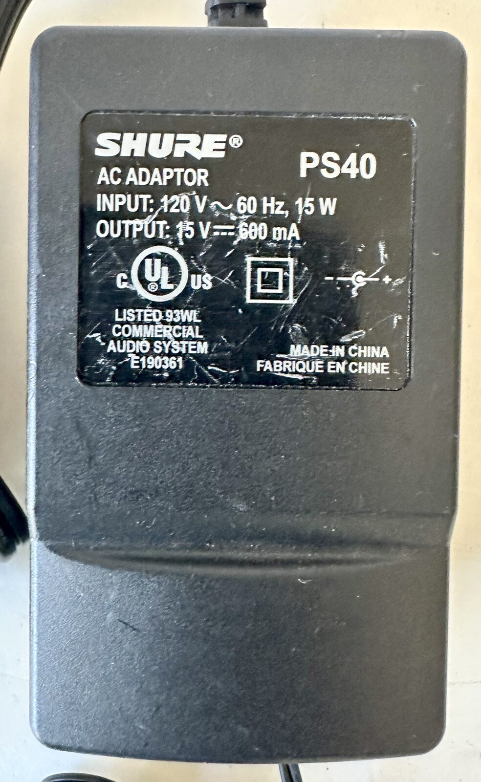 Genuine Shure AC Adapter for Wireless Microphone System PS40 Output 15VDC 600mA