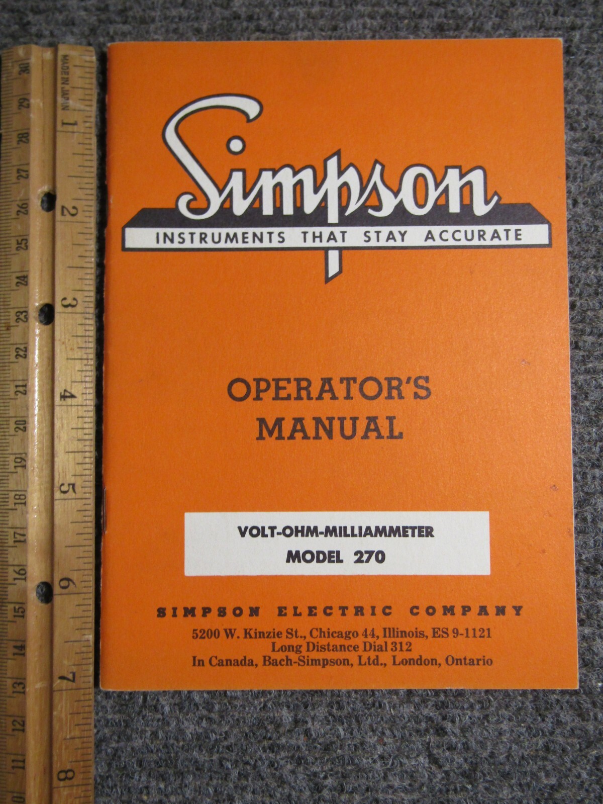 Simpson V.O.M Model 270 Operator's Manual ~ c. 1959 ~ Original