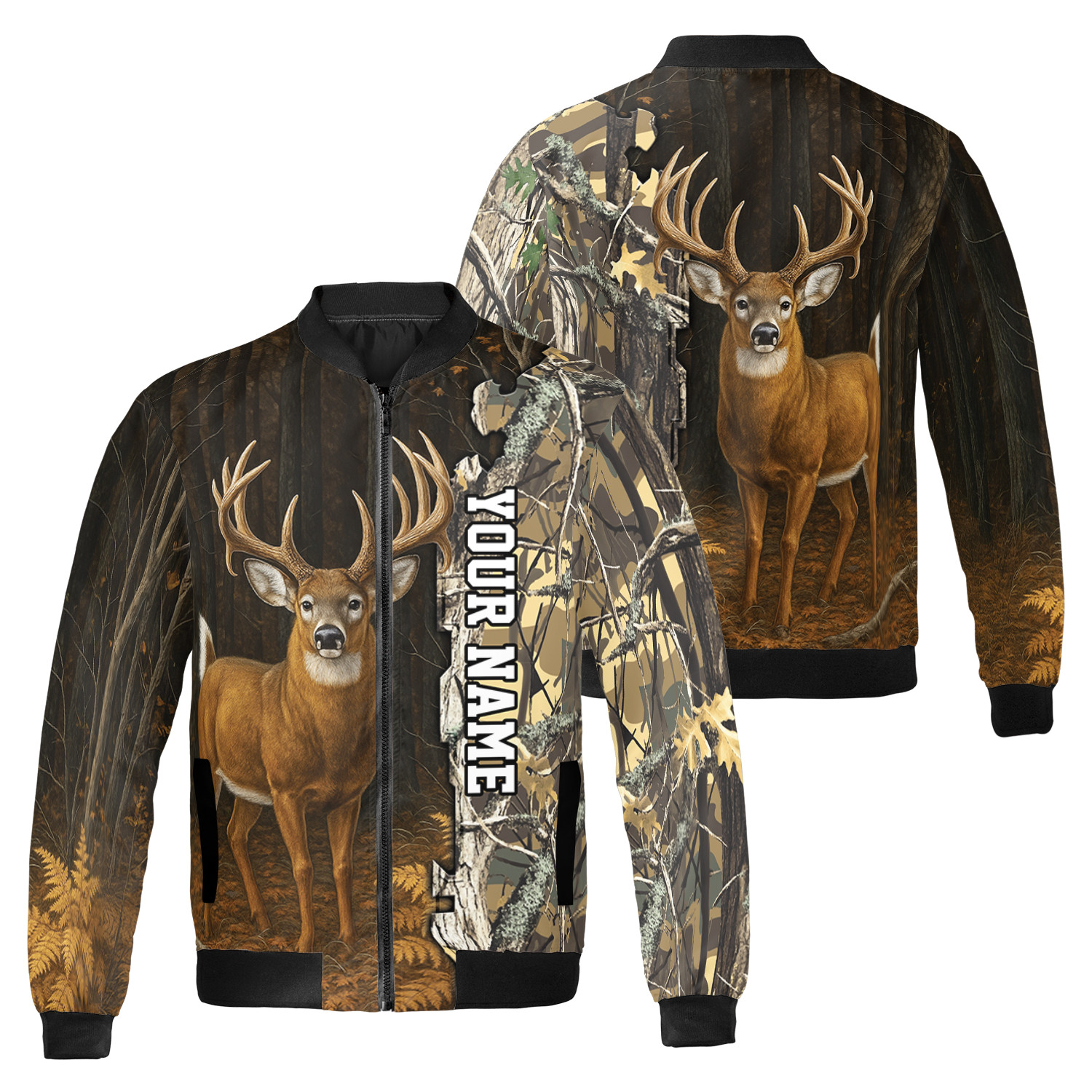 Custom Deer Hunting Camo Hunter Buck Forest Hunting Outdoor Lovers Bomber Jacket