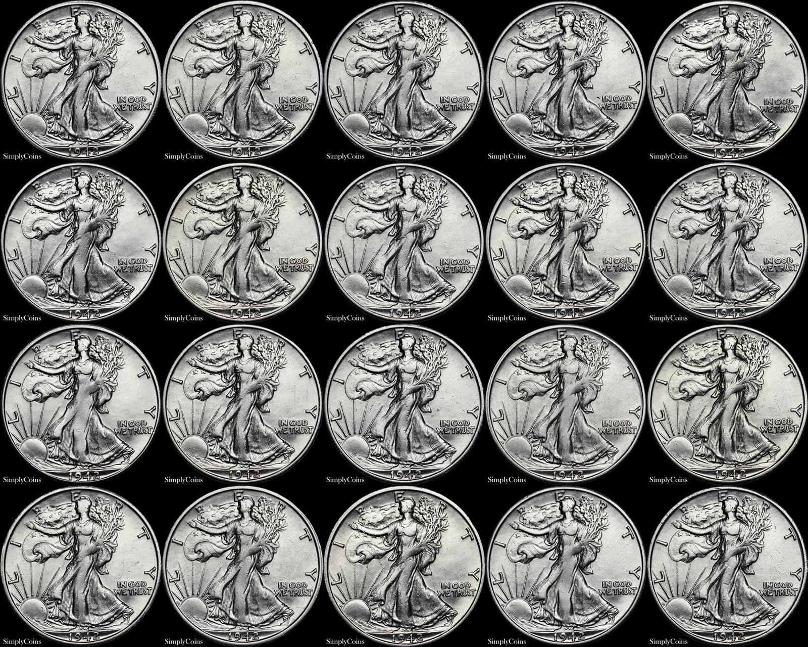 1942-S Walking Liberty Half Dollar Roll AU 90% Silver Coin Lot Set 20