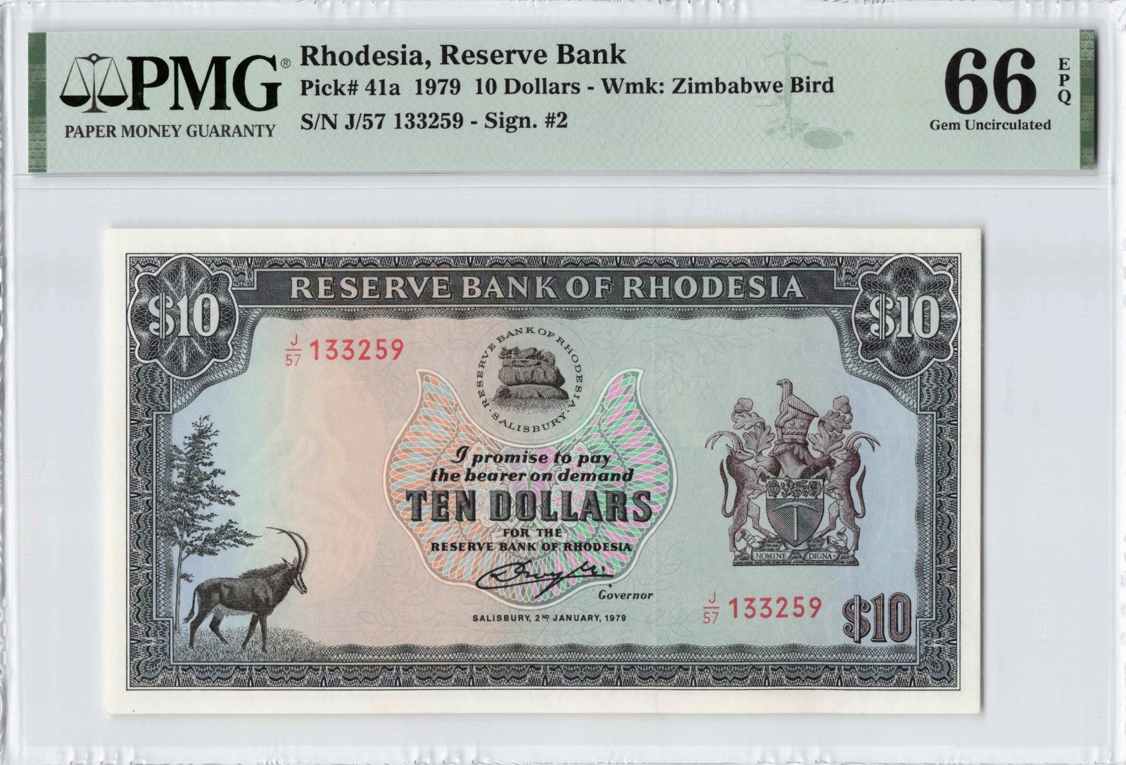 Rhodesia Reserve Bank 1979, P-41a 10 Dollars, PMG Graded 66 Gem Uncirculated