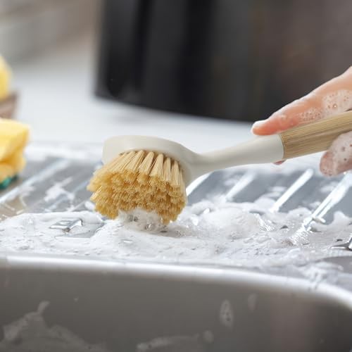 Dish Brush with Built-in Scraper - 4 Pack Bamboo Dish Scrubber Brush with