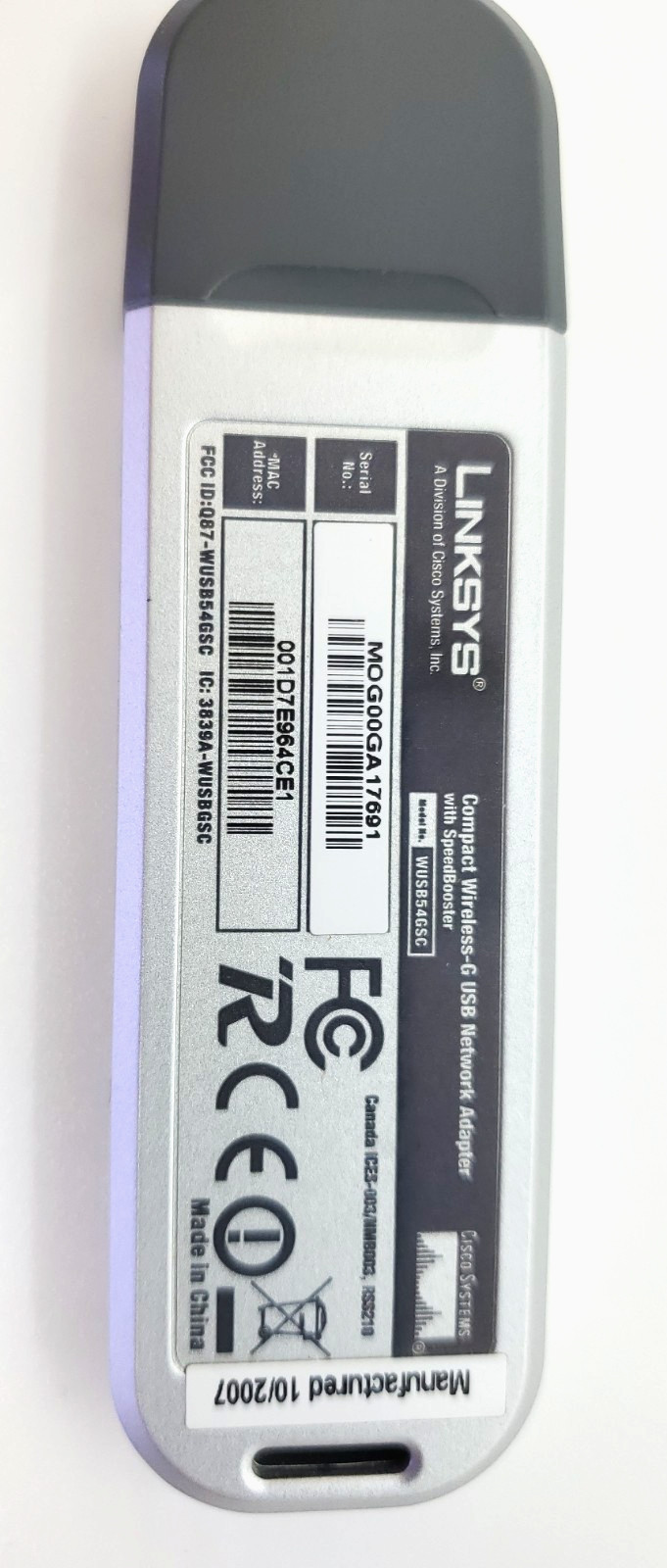 LINKSYS/CISCO SYSTEMS WUSB54GSC COMPACT WIRELESS-G USB ADAPTER
