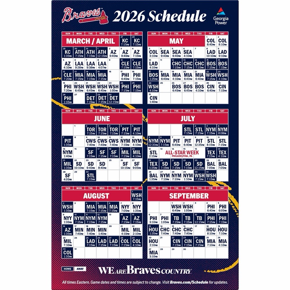 ⚾️ Atlanta Braves ⚾️  2026 Magnetic Schedule SGA 3/27/2026