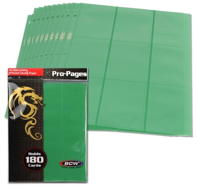 (10) BCW Gaming Side Loading 18-Pocket Pro Pages - Green