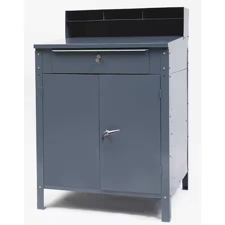 Zoro Select 1W908 Stationary Shop Desk, 1 Drawer, 1 Cabinet, Gray, 34 1/2 In W,