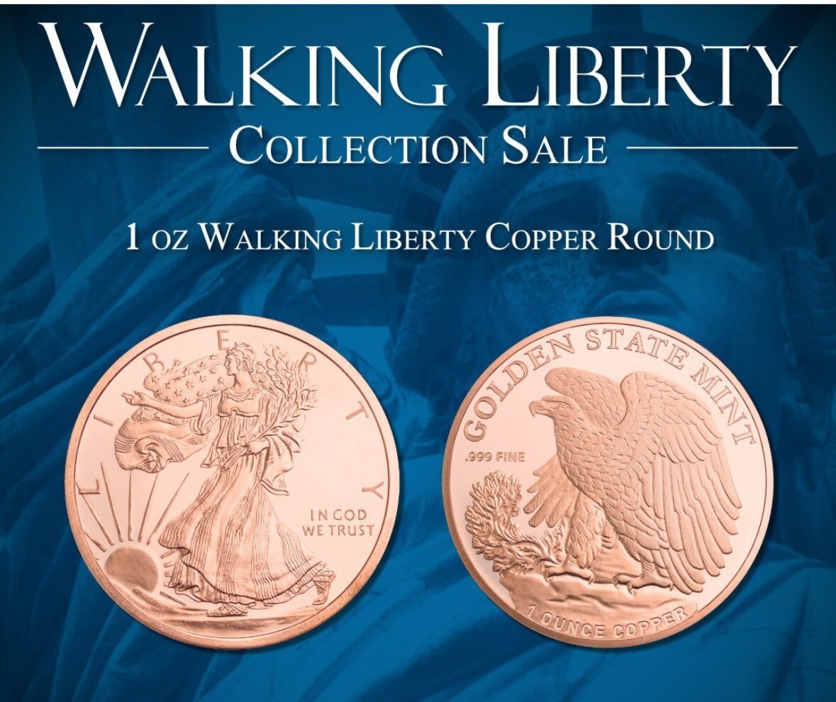 LOT OF 20 X 1 OZ GSM WALKING LIBERTY .999 COPPER BU ROUND COIN MADE IN USA BACKO