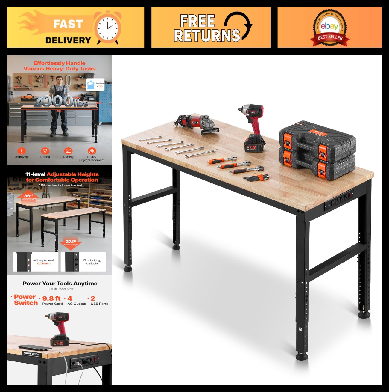 Heavy Duty Adjustable Workbench 2000 lbs Capacity, 61"x20", Height Adjustable 27