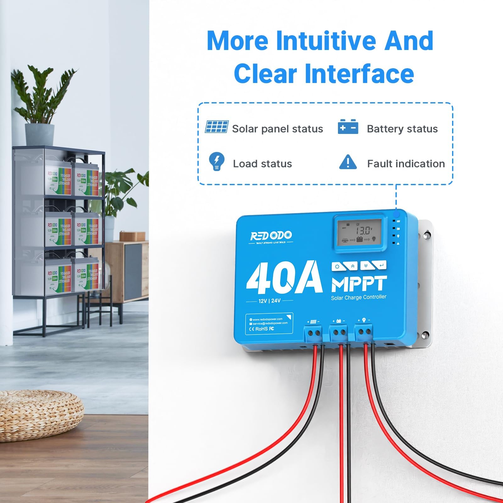 Redodo 40 Amp Mppt 12V/24V Dc Input Solar Charge Controller Built-In Bluetooth